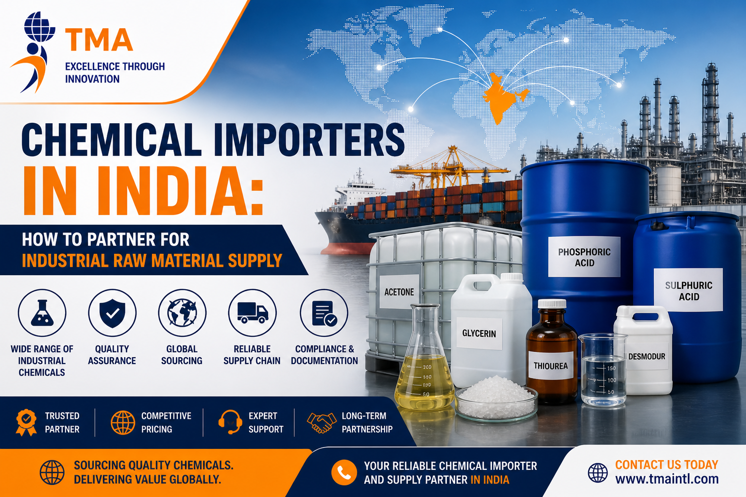 Chemical importers in India supplying industrial raw materials like phosphoric acid, acetone and glycerin with global sourcing concept