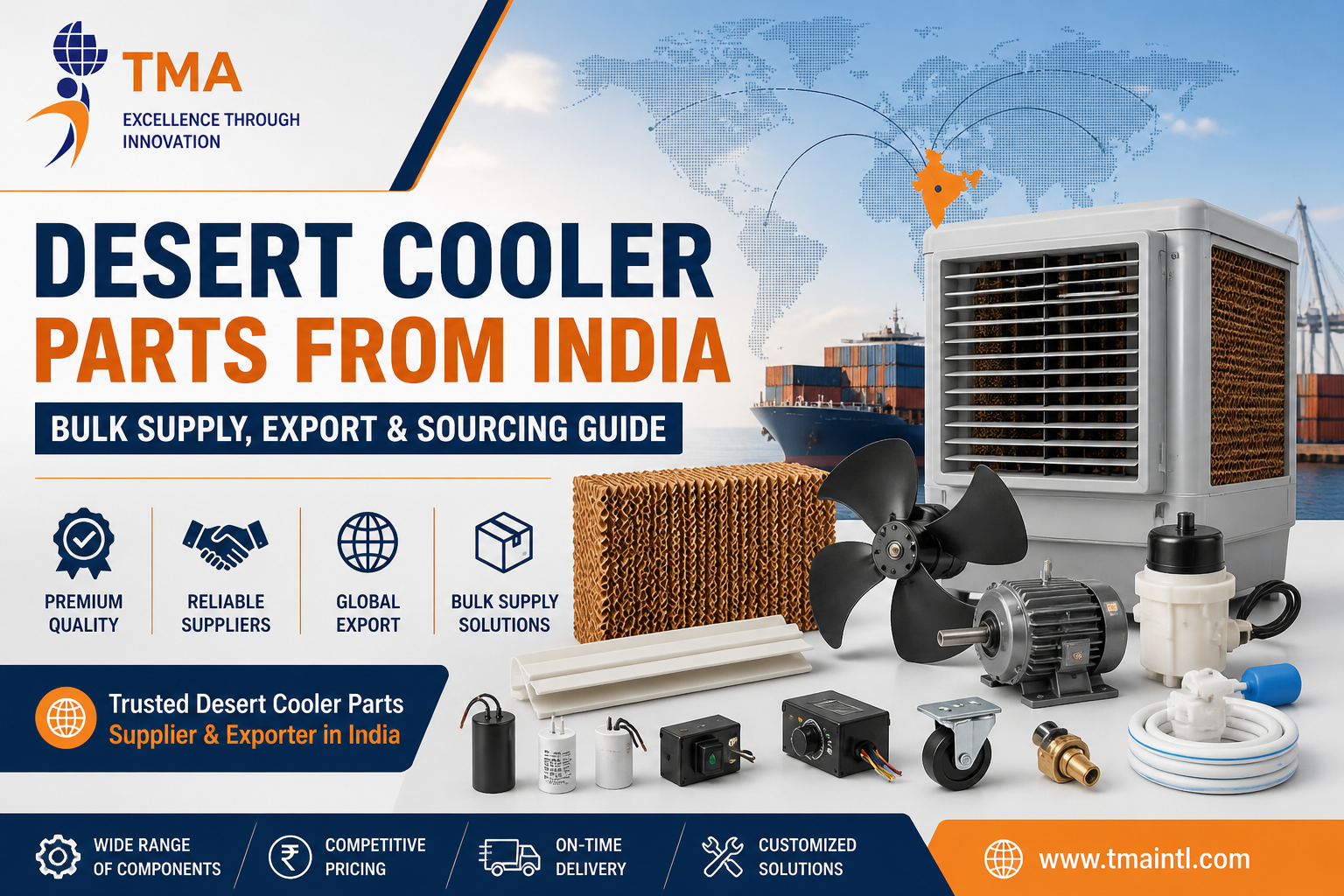 Desert cooler parts exporter in India showing cooling pads, motor, fan and bulk supply export concept