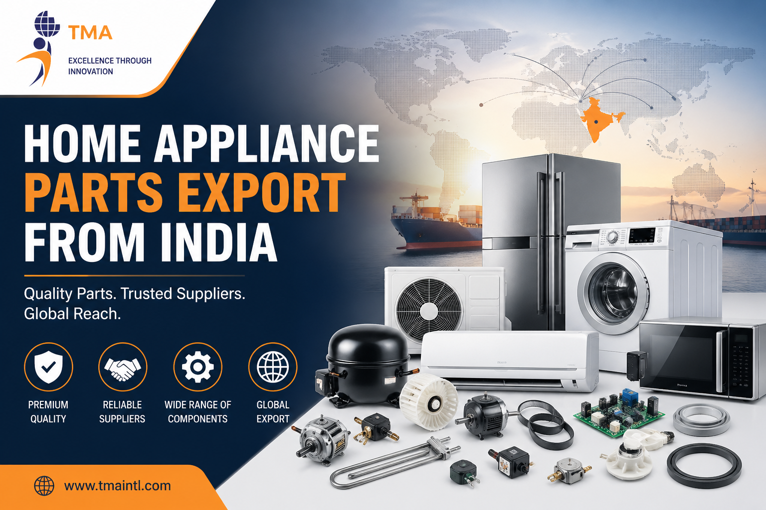 Home appliance parts exporter in India showcasing compressors, motors, PCB boards and appliances with global export concept