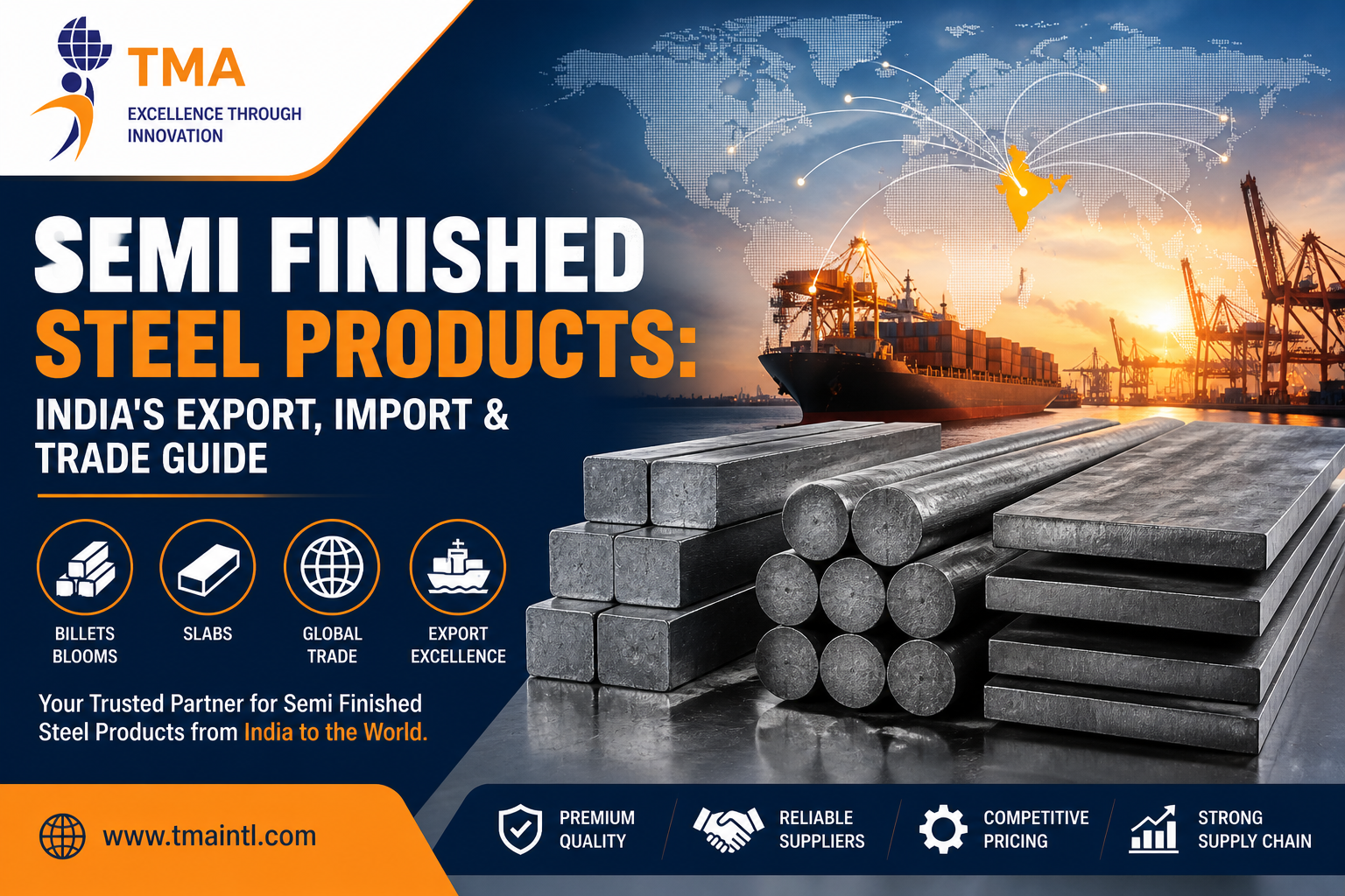 Semi finished steel products exporter in India showing billets, slabs and global steel trade export concept